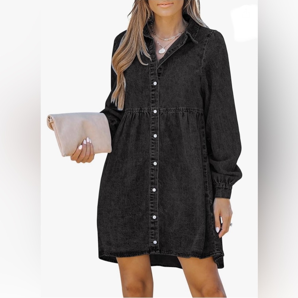 LookbookStore Long Sleeve Denim Dress for Women Button Down Babydoll Style